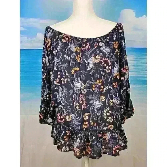 BLACK TUNIC Top ON or OFF SHOULDER Ruffle Hem and Cuff Lightweight size 1x XL - Picture 11 of 11